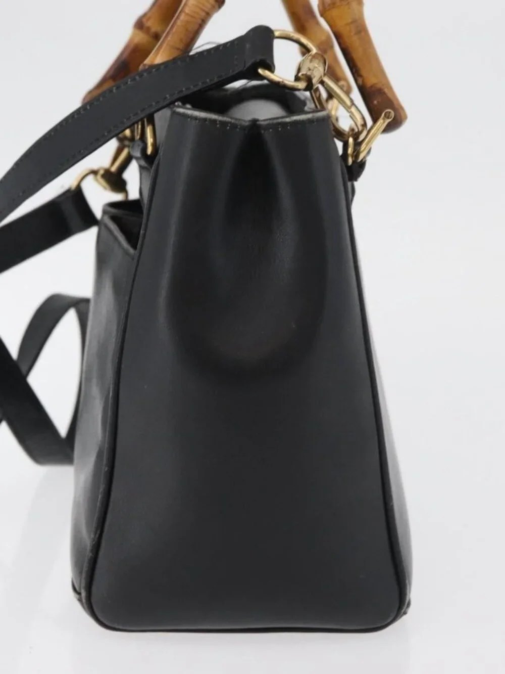GUCCI Bamboo Hand Bag Leather 2way Black Gold 001 123 1638 Auth 175334